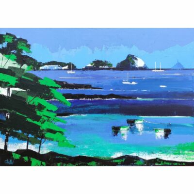 Tableau acrylique format 50 x 70 cm dans les tons bleus, turquoises, verts, blanc et noir, représentant une vue de Cancale. Peint sur la plage de Cancale 'à l'abri des flots', cette œuvre capture la beauté et la tranquillité de la côte bretonne avec des couleurs vives et une composition apaisante.