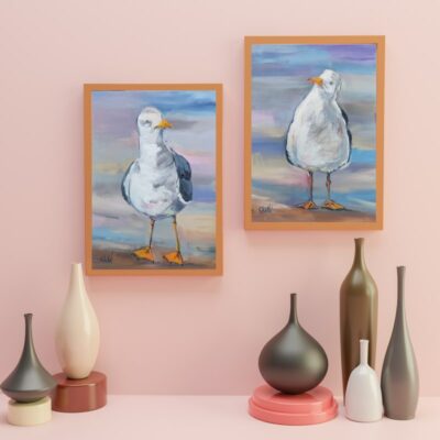 Tableaux Diptyques représentants deux mouettes qui se regardent. Format de chaque tableau 27 x 35 cm. Tableau de CheNel, artiste peintre Française et Bretonne. Déco marine. Peinture acrylique.