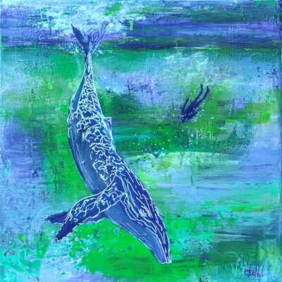 Tableau en peinture acrylique peint au couteau. Le tableau représente une baleine qui plonge et un plongeur qui nage à ses côtés. Les fonds mains sont peins en mauve et vert, la baleine et le plongeur en violet et bleu