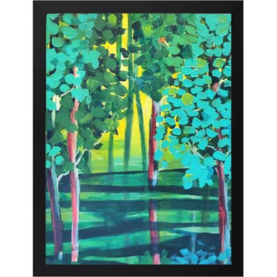 tableau en peinture acrylique représentant des sous bois. L'arrière plan est lumineux et les arbres se détachent au premier plan et se reflètent dans l'eau. Tableau vendu avec encadrement