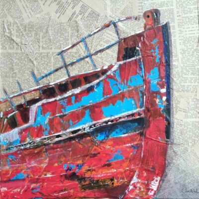 tableau 40 x 40 cm, titre coque rouillée du vieux bateau. Tableau original et unique de l'artiste peintre française CheNel. Tableau en peinture acrylique peint au couteau. Toile sur châssis. Le tableau est recouvert de vieux papiers. Déco marine.