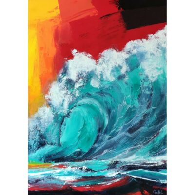 Tableau 50 x 70 en peinture acrylique, tableau moderne, tableau vague, Teahupo'o, tableau vague surf, couleurs émeraude, ciel rouge, tableau de CheNel, artiste Bretonne et Française, œuvre d'art unique, peinture acrylique au couteau