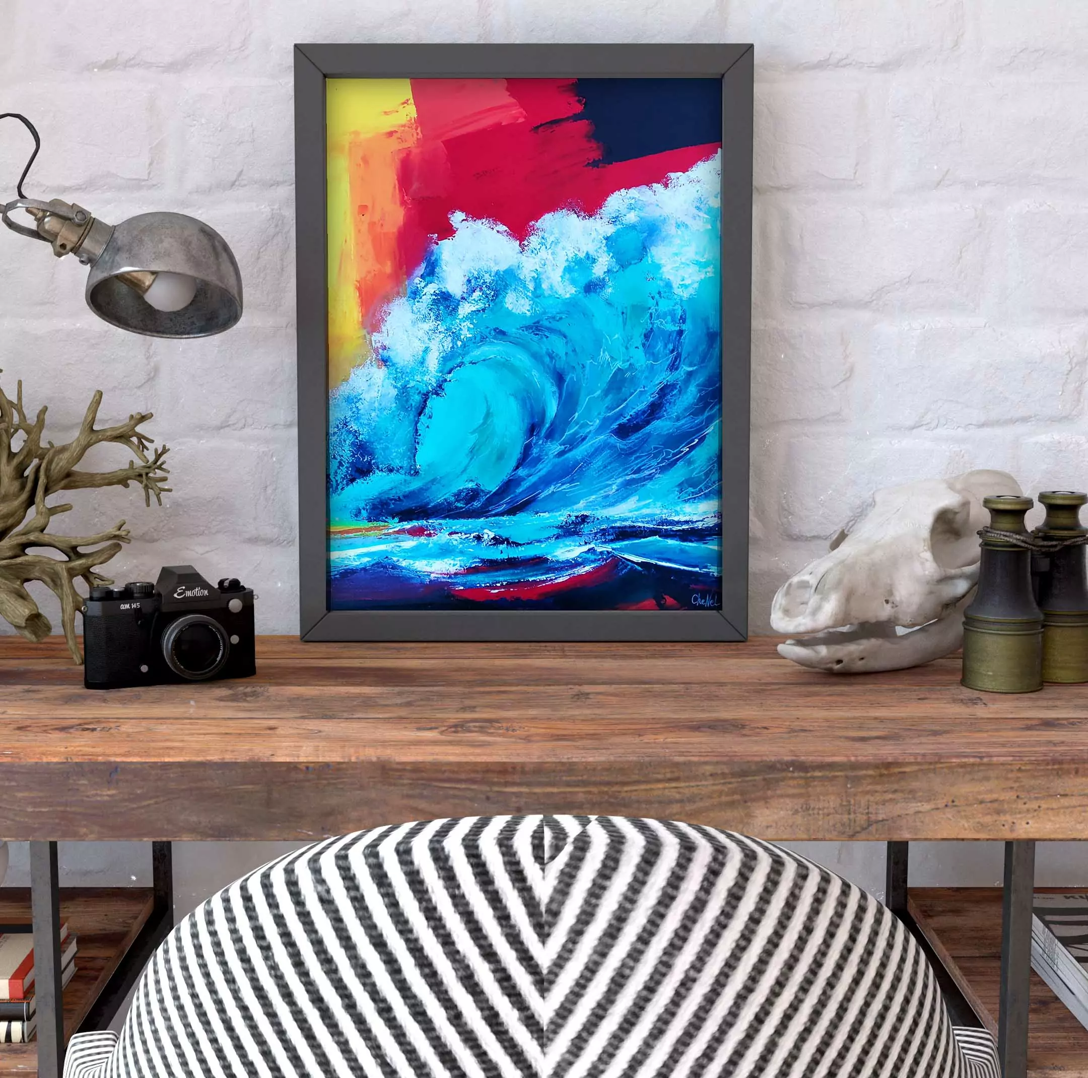 Tableau en peinture acrylique au couteau, représentant une vague, la vague de Teahupo'o, tableau contemporain et modern, réalisé et peint par l'artiste peintre CheNel, couleurs vives