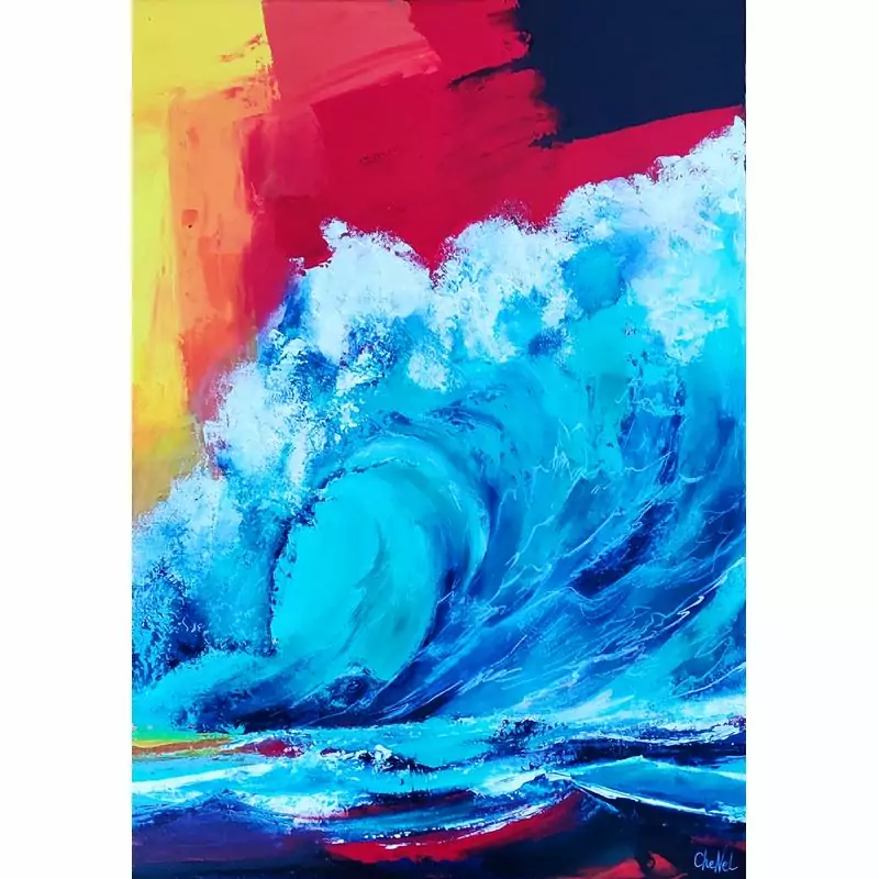 tableau peinture vague de Teahupo'o, teinte vert émeraude et ciel rouge, format 50 x 70, tableau d'artiste tendance pour une déco marine