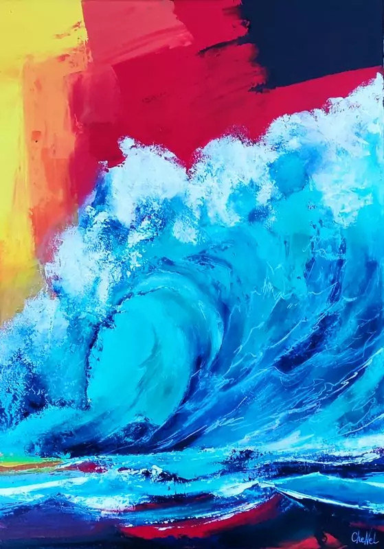 Tableau 50 x 70 en peinture acrylique, tableau moderne, tableau vague, Teahupo'o, tableau vague surf, couleurs émeraude, ciel rouge, tableau de CheNel, artiste Bretonne et Française, œuvre d'art unique, peinture acrylique au couteau