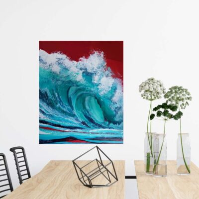 Tableau de CheNel peint à la main, tableau vague, tableau déferlante, vert turquoise sur fond rouge, tableau en peinture acrylique peint au couteau.