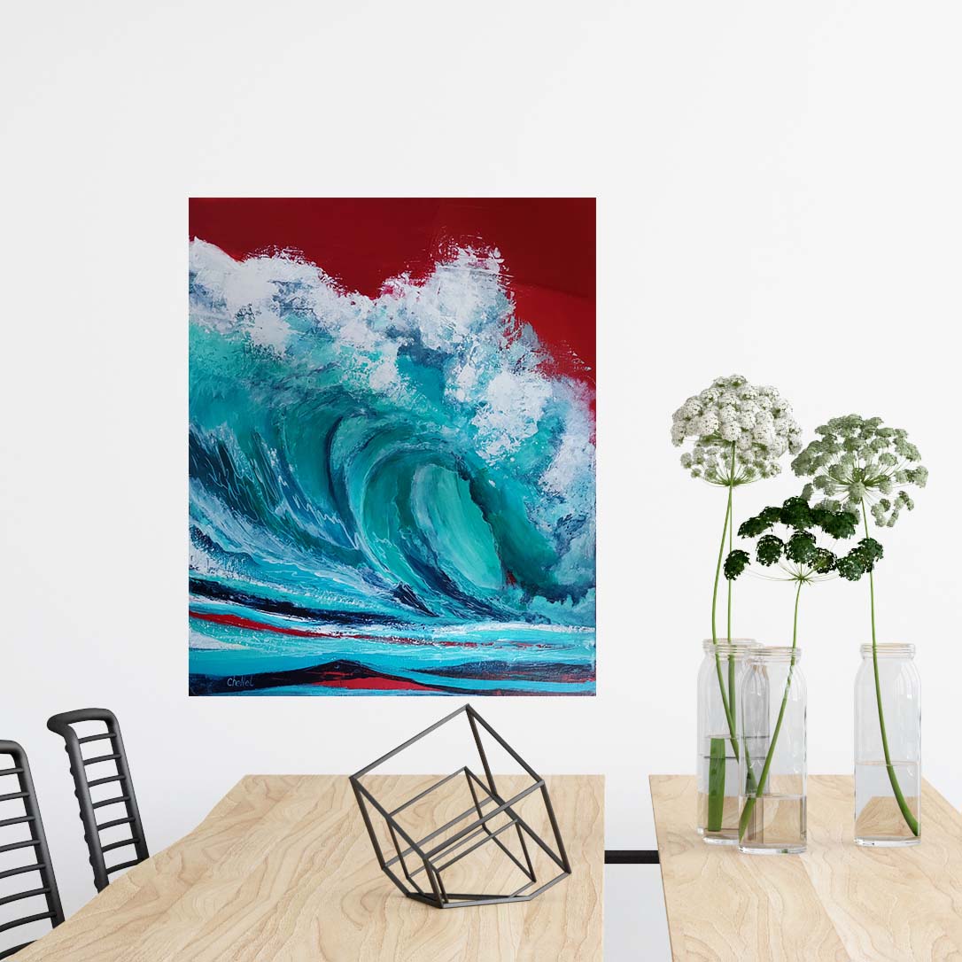 Tableau de CheNel peint à la main, tableau vague, tableau déferlante, vert turquoise sur fond rouge, tableau en peinture acrylique peint au couteau.