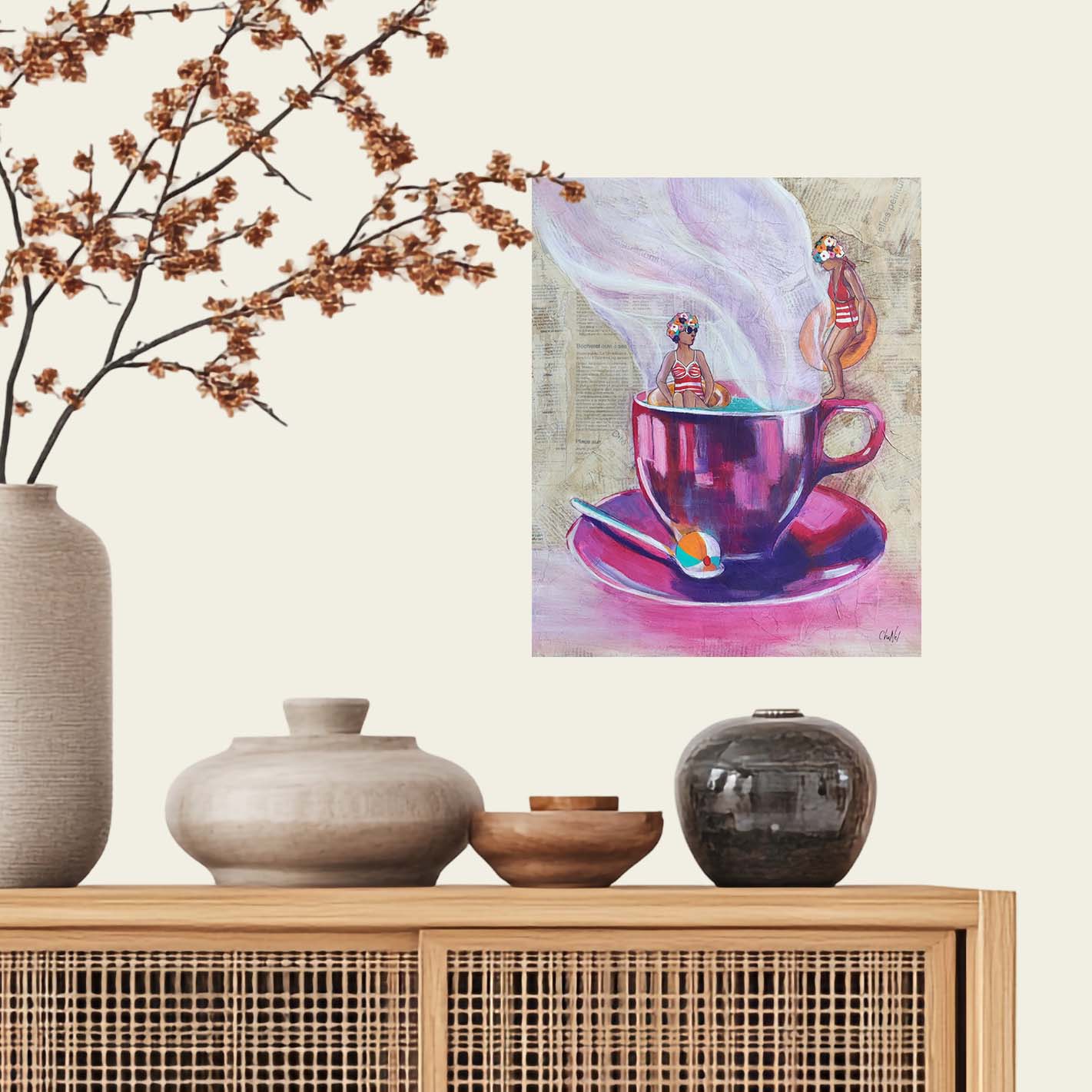 tableau d'artiste original et unique, format 46 x 38 cm, papier journal collé sur une toile. Le tableau représente deux femmes se baignant dans une tasse de café. L'ensemble est surréaliste et moderne