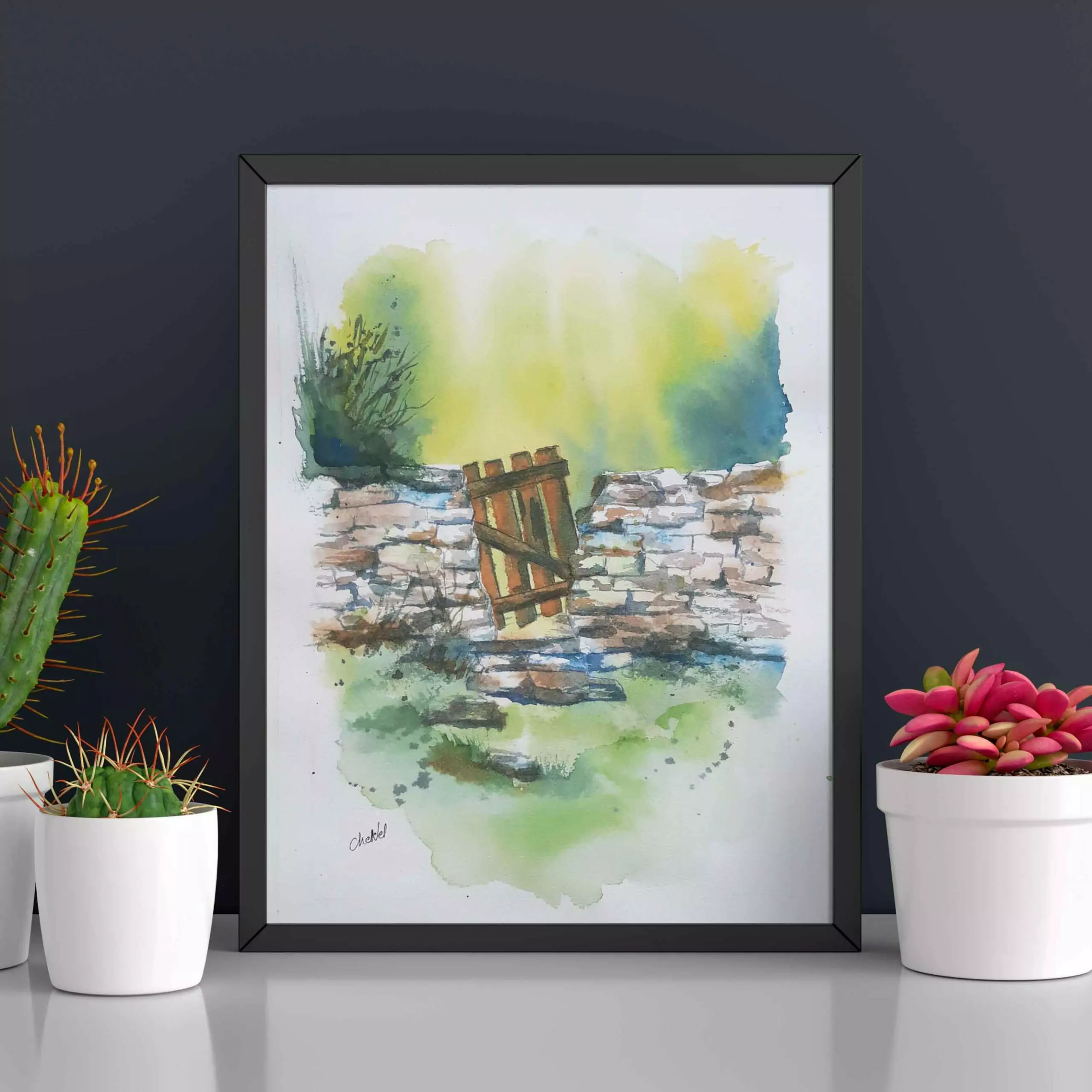 aquarelle représentant un vieux muret en pierre avec un portillon en bois cassé dans un cadre bucolique au fond d'un jardin. Aquarelle 21 x 29.7 cm, peinte par l'artiste peintre CheNel