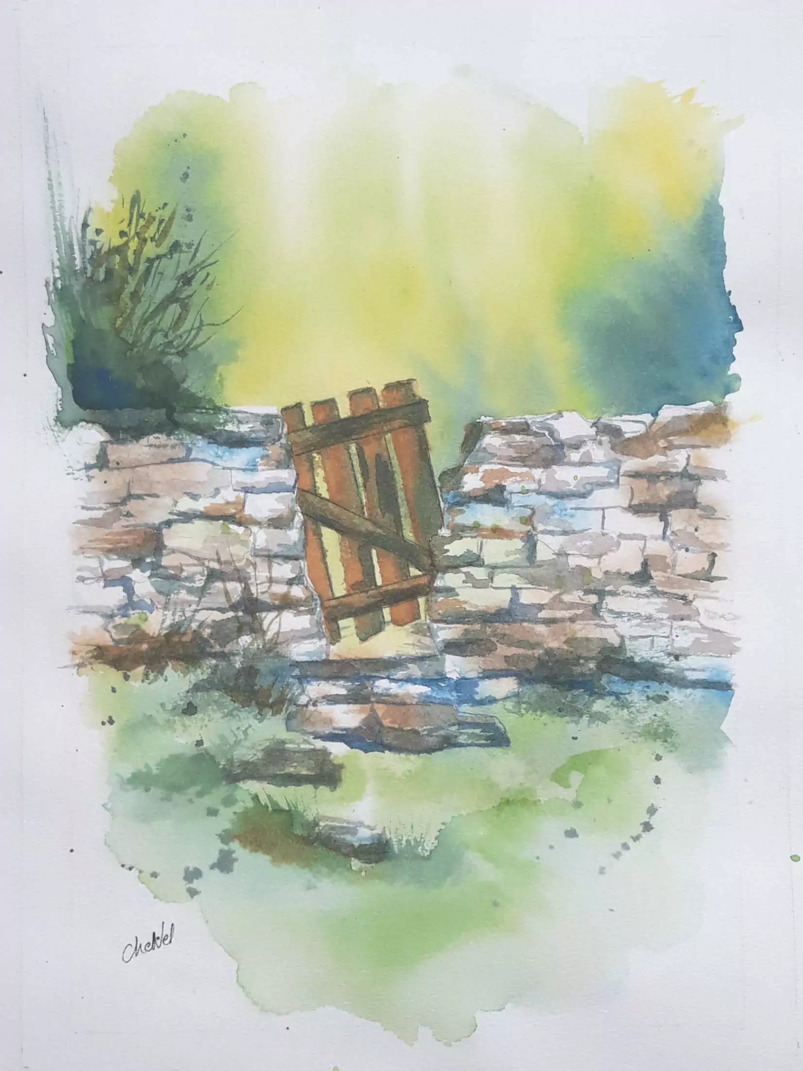 aquarelle représentant un vieux muret en pierre avec un portillon en bois cassé dans un cadre bucolique au fond d'un jardin. Aquarelle 21 x 29.7 cm, peinte par l'artiste peintre CheNel
