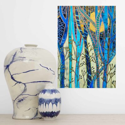 Tableau d'artiste original 33 x 24, technique mixte : peinture acrylique et collage papiers. Le tableau représente une forêt peinte en clair de lune