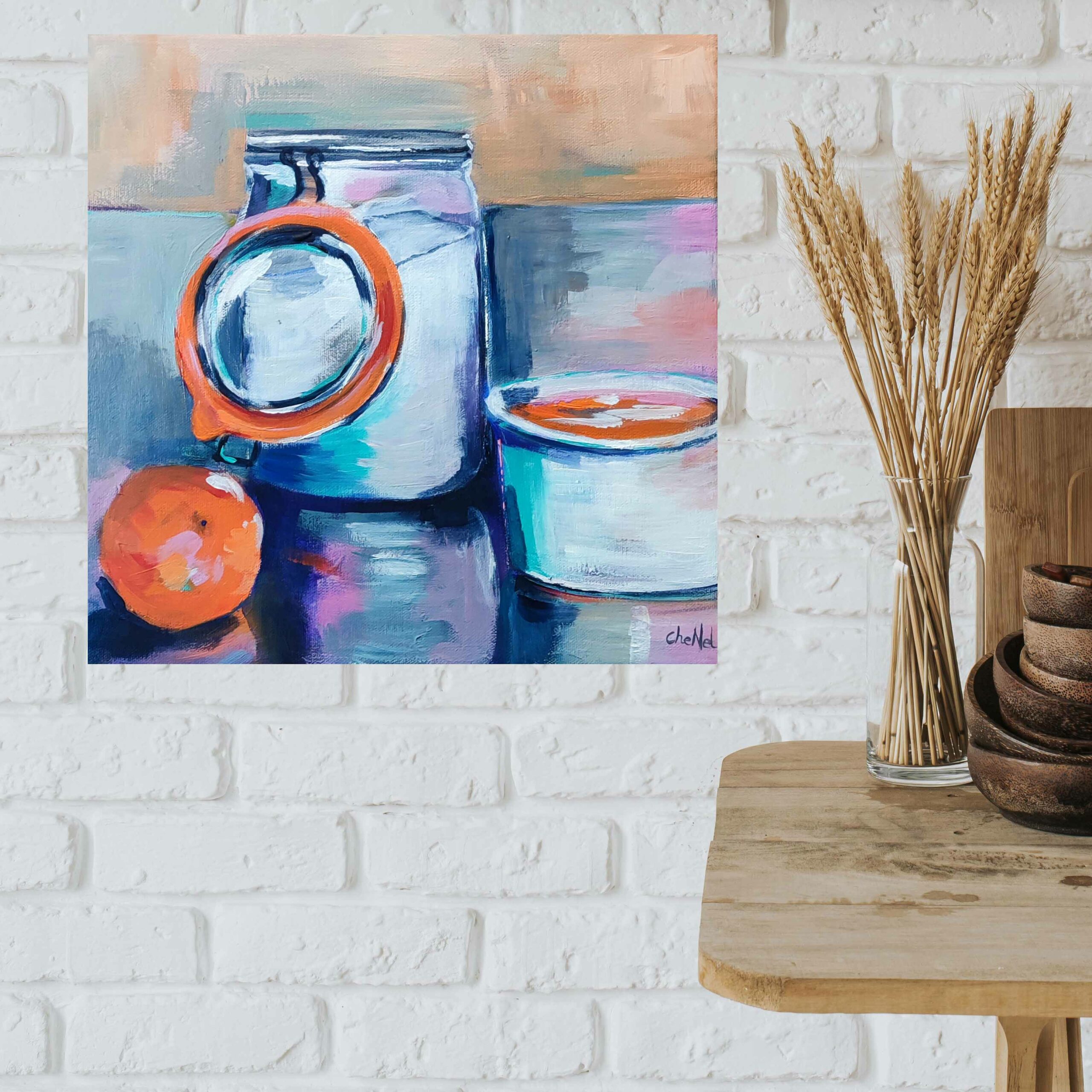 tableau 30 x 30 pour une déco cuisine, tableau unique de l'artiste peintre CheNel en peinture acrylique. Le tableau représente un pot de sucre, une compote et un ramequin, ambiance douce