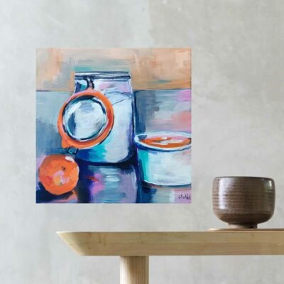 Le tableau représente un pot de sucre, une compote et un ramequin, ambiance douce