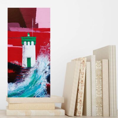 Tableau phare de Trévignon, tableau peinture acrylique 40 x 20 cm, tableau moderne, tableau ciel rouge et mer agitée, artiste peintre française et bretonne, œuvre d'art unique, peint au couteau