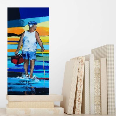 Tableau formats 40 x 20, peint en peinture acrylique au couteau. Œuvre d'art originale et unique, peinte par l'artiste Bretonne CheNel, le tableau représente un pêcheur à pied s'en allant pêcher avec son panier