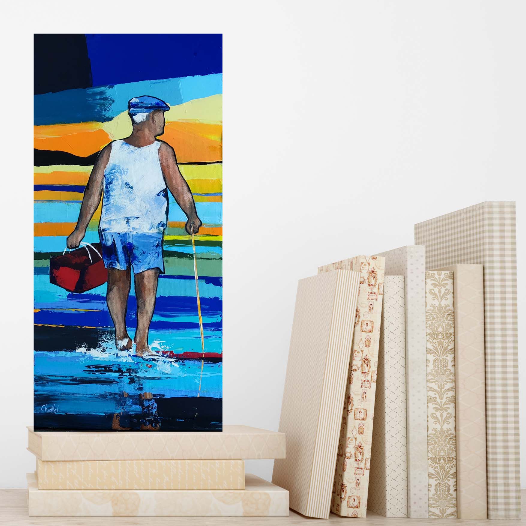 Tableau formats 40 x 20, peint en peinture acrylique au couteau. Œuvre d'art originale et unique, peinte par l'artiste Bretonne CheNel, le tableau représente un pêcheur à pied s'en allant pêcher avec son panier