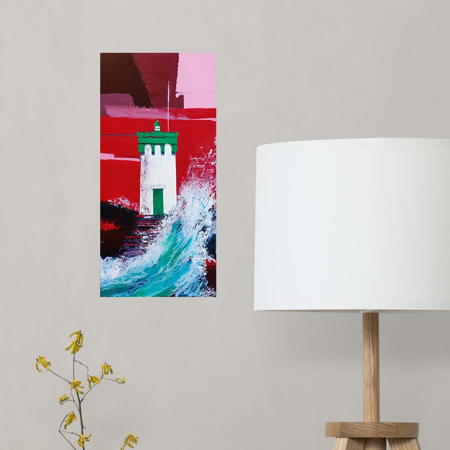 Tableau phare de Trévignon, tableau peinture acrylique 40 x 20 cm, tableau moderne, tableau ciel rouge et mer agitée, artiste peintre française et bretonne, œuvre d'art unique, peint au couteau