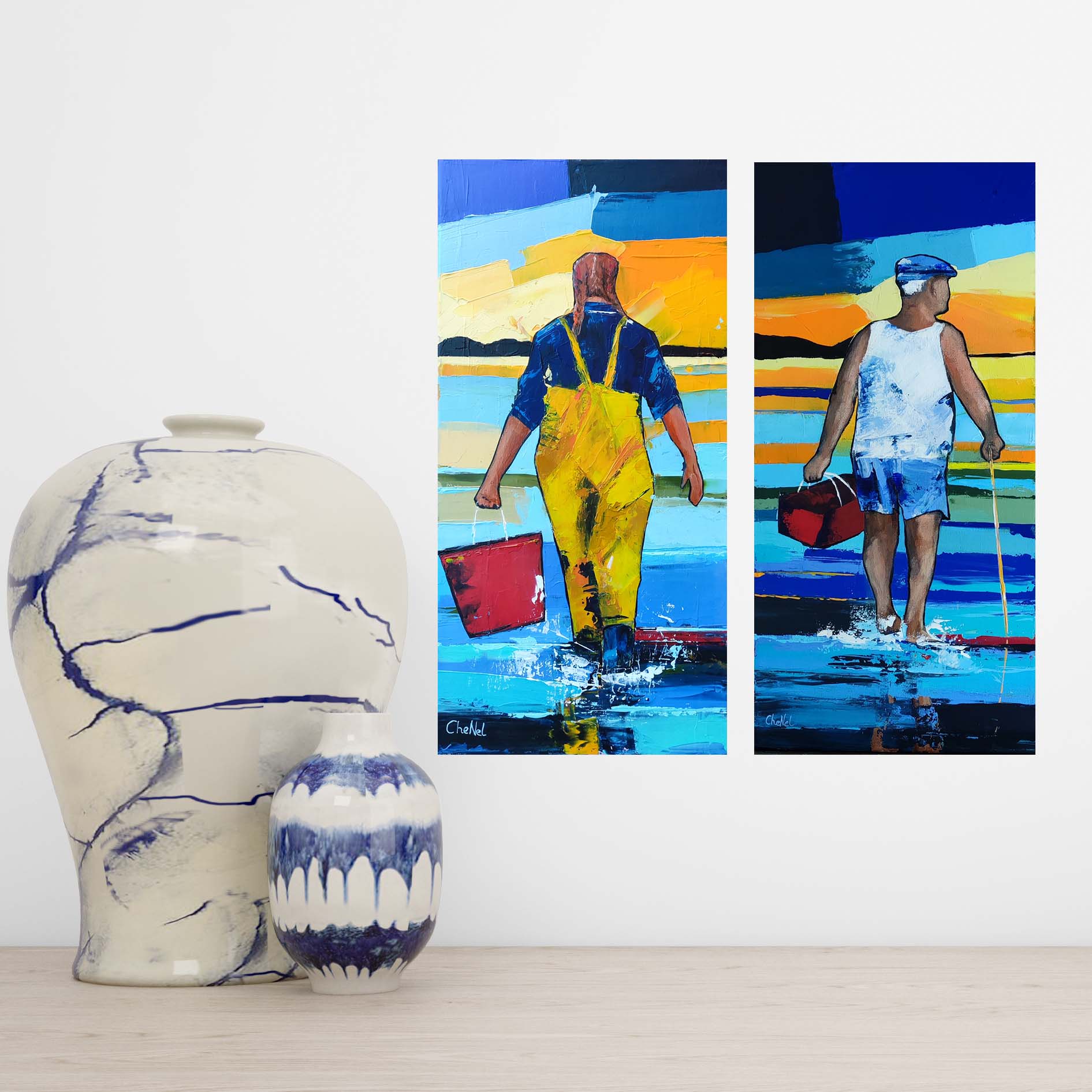 Diptyque, deux tableaux formats 40 x 20, peint en peinture acrylique au couteau. Œuvre d'art originale et unique, peinte par l'artiste Bretonne CheNel. Le tableau représente deux pêcheurs à pieds s'en allant pêcher à pieds avec leurs paniers, à marée basse. Ils ont les pieds dans l'eau.