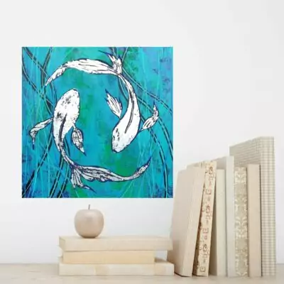Tableau en peinture acrylique, tableau d'artiste original et unique. Peinture au couteau. Le tableau représente deux poissons d'argent nageant dans des eaux turquoises entre des algues. Les poissons sont comme le ying et le yang. Ils sont recouverts de feuille d'argent