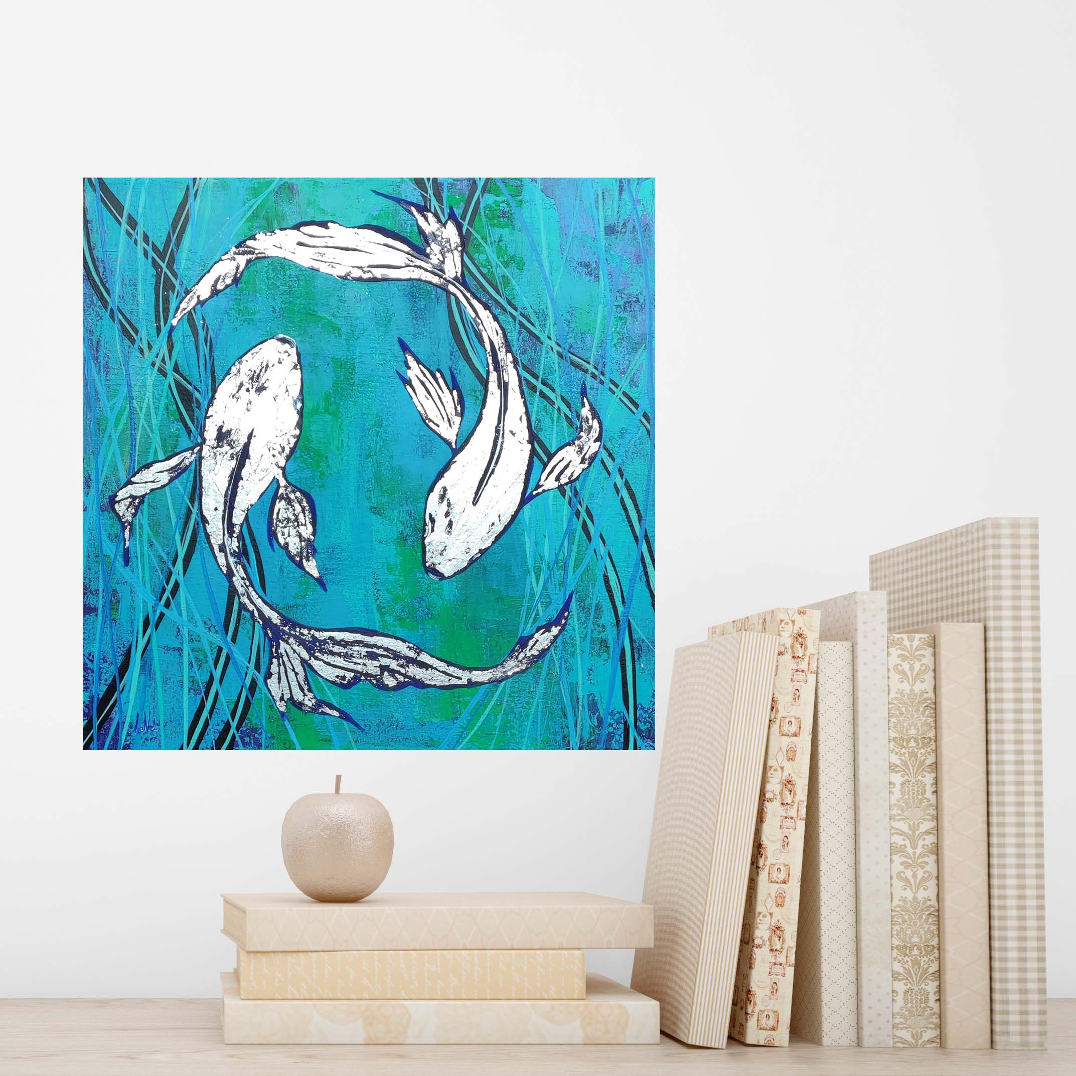 Tableau en peinture acrylique, tableau d'artiste original et unique. Peinture au couteau. Le tableau représente deux poissons d'argent nageant dans des eaux turquoises entre des algues. Les poissons sont comme le ying et le yang. Ils sont recouverts de feuille d'argent