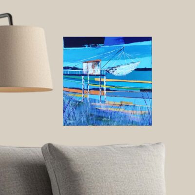 Tableau en peinture acrylique de l'Artiste peintre Bretonne CheNel. Le tableau représente un carrelet sur les bords de la Rance. Le tableau est peint au couteau. La couleur principale est le bleu, tranché par de l'orange.