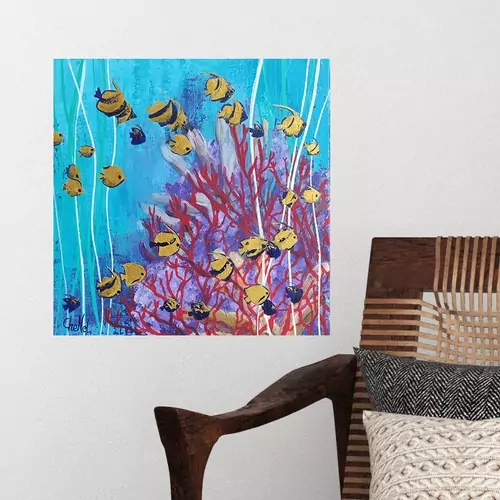 Tableau en peinture acrylique de l'artiste peintre Bretonne CheNel. Le tableau représente un banc de poissons dans des eaux turquoises, nageant dans les algues