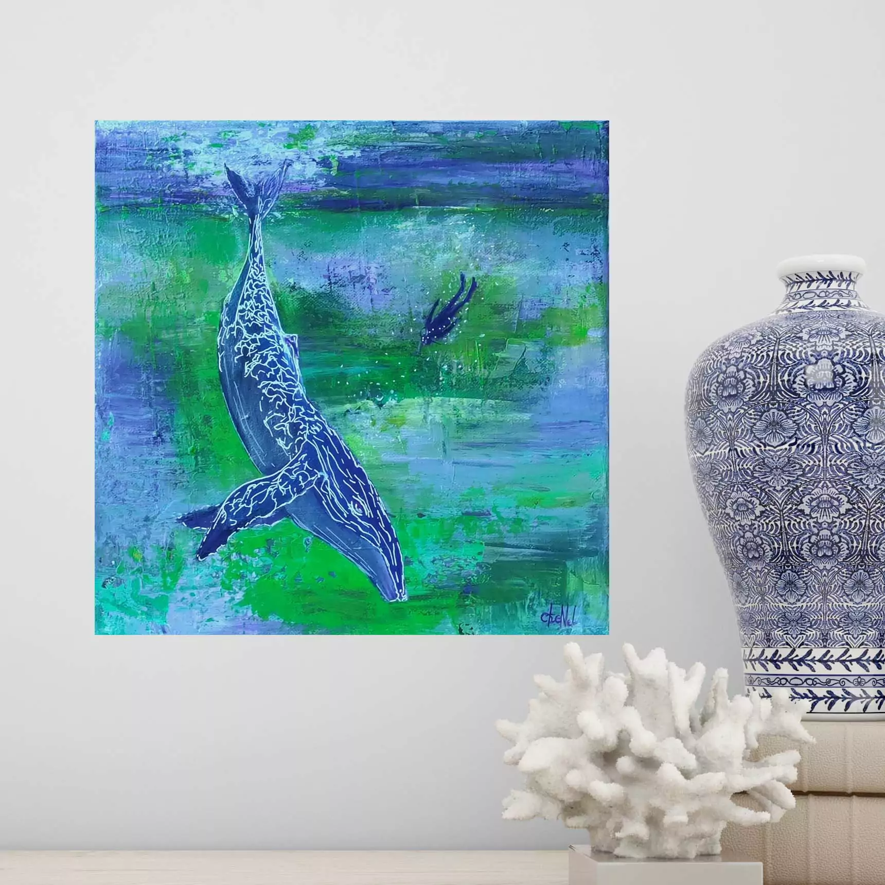 Tableau en peinture acrylique. Tableau d'artiste. Peint au couteau. Le tableau représente une baleine qui plonge, avec un plongeur à ses côtés