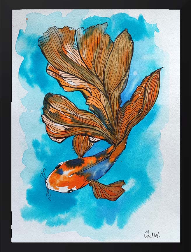 Triptyque de l'artiste peintre CheNel, trois encres peintes sur papier aquarelle. Les encres représentent des capes Koï oranges, nageant dans des eaux turquoises. Vendues avec encadrement noir