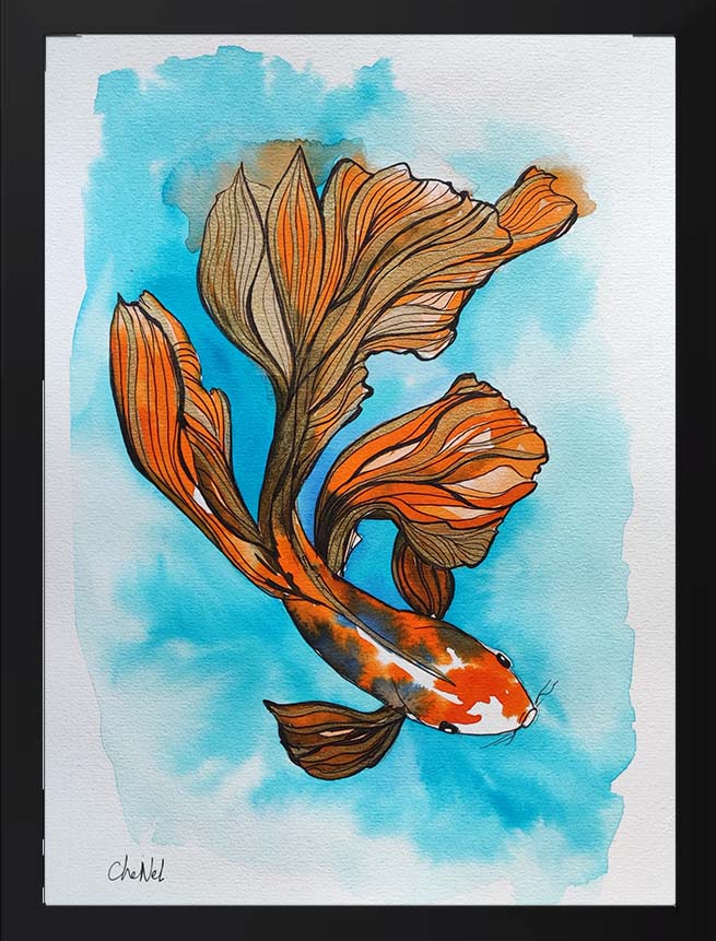Triptyque de l'artiste peintre CheNel, trois encres peintes sur papier aquarelle. Les encres représentent des capes Koï oranges, nageant dans des eaux turquoises. Vendues avec encadrement noir