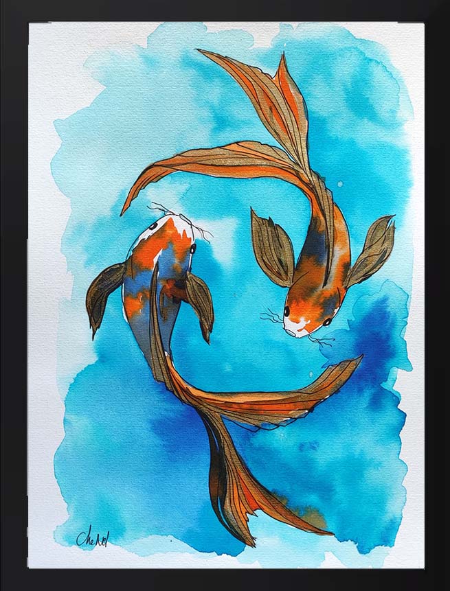 Triptyque de l'artiste peintre CheNel, trois encres peintes sur papier aquarelle. Les encres représentent des capes Koï oranges, nageant dans des eaux turquoises. Vendues avec encadrement noir