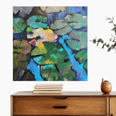 Tableau d'artiste 60 x 60 cms représentant des nénuphars vue de dessus. Peinture acrylique au couteau