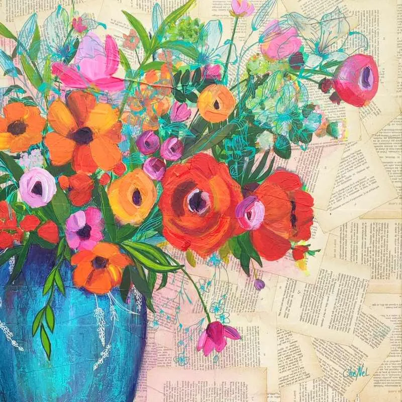 Tableau d'artiste original de l'artiste peintre CheNel. Le tableau est recouvert de papier, de feuilles de vieux livres. Le tableau représente un bouquet de fleurs printanier, un bouquet champêtres. Les fleurs sont rouges oranges et roses. Le vase est bleu. En arrière plan des lys bleus sont dessinés au posca. Un tableau unique pour une déco personnalisée