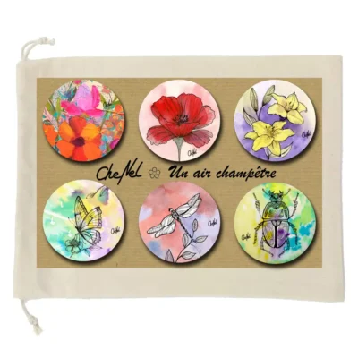 Coffret de 6 badges broches artisanaux collection Un air Champêtre par l'artiste CheNel