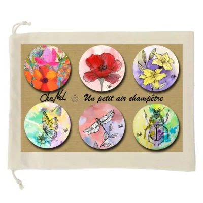 Coffret de 6 badges broches artisanaux, collection "Un air Champêtre" - reproductions miniatures par l'artiste CheNel