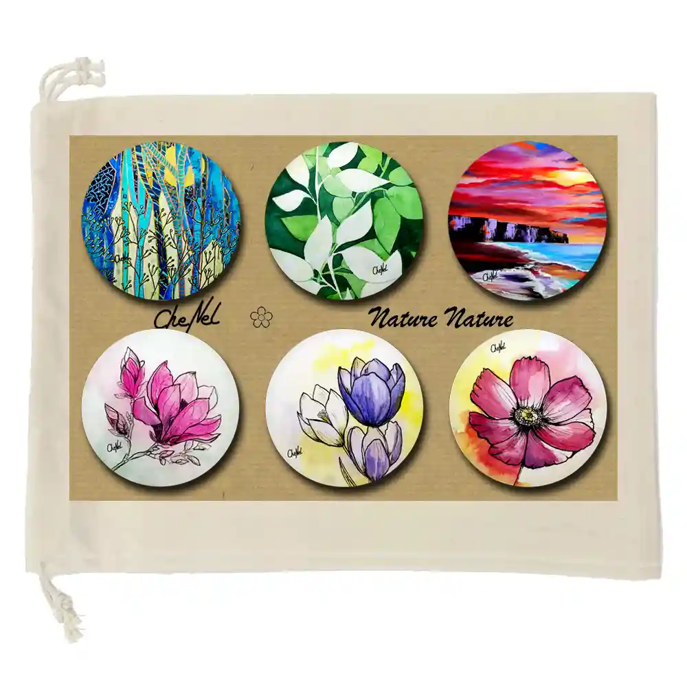 Coffret de 6 badges broches artisanaux, collection "Nature Nature" - reproductions miniatures par l'artiste CheNel