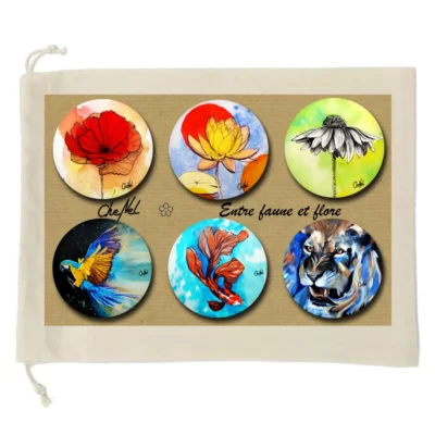 Coffret de 6 badges broches artisanaux. Collection "entre faune et flore" - reproductions miniatures par l'artiste CheNel