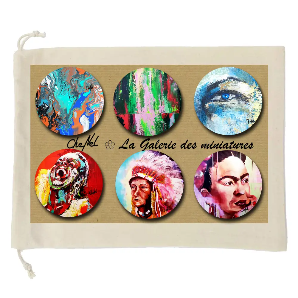 Coffret de 6 badges broches artisanaux, collection "La Galerie des Miniatures" - reproductions miniatures par l'artiste CheNel