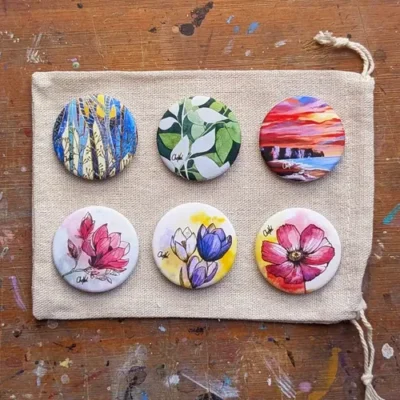 Coffret de 6 badges broches artisanaux, collection "Nature Nature" - reproductions miniatures par l'artiste CheNel