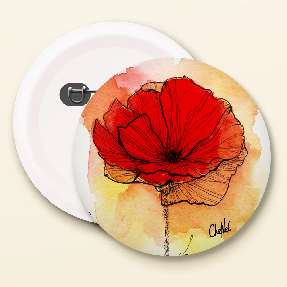 Badge broche 44 mm reproduction d'une aquarelle de CheNel représentant un coquelicot rouge, fond orangé, vues de face et dos, badges / pins / broches