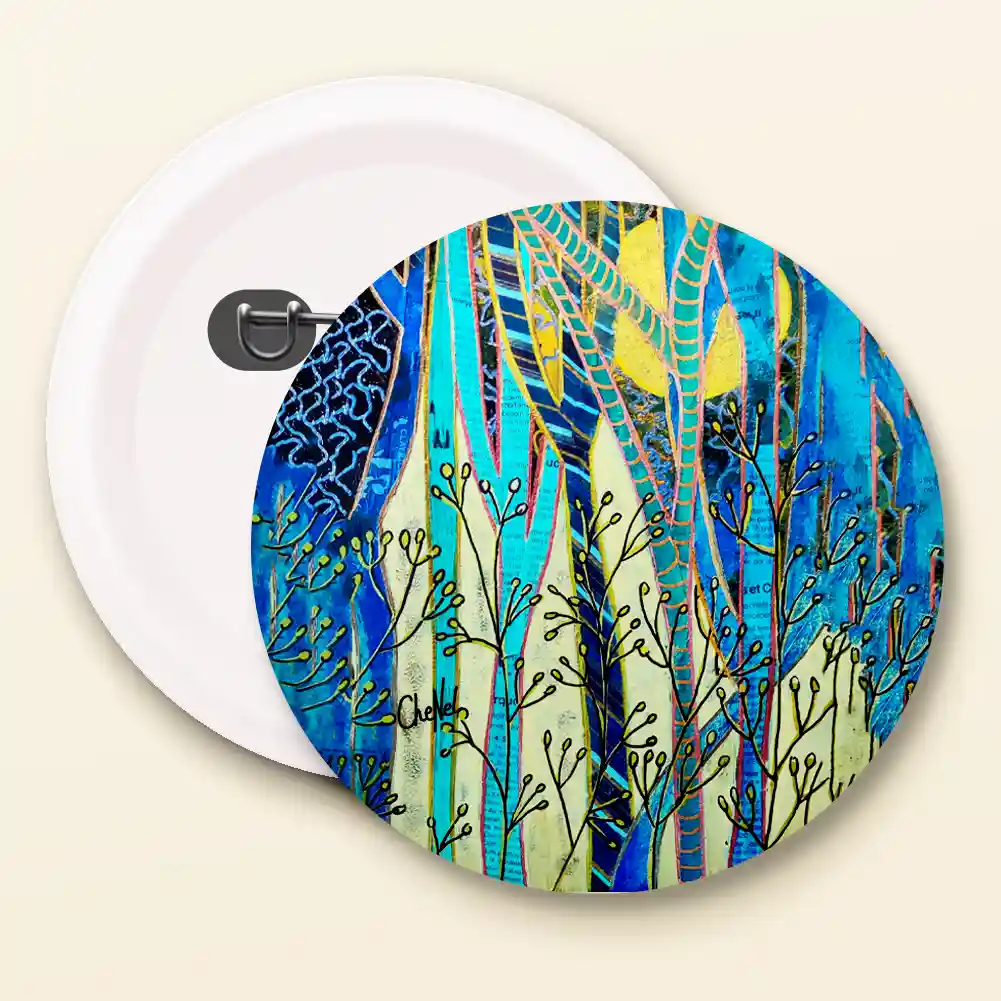 Badge broche 44 mm reproduction d'un tableau de CheNel représentant une forêt au clair de lune, vues de face et dos, badges / pins / broches