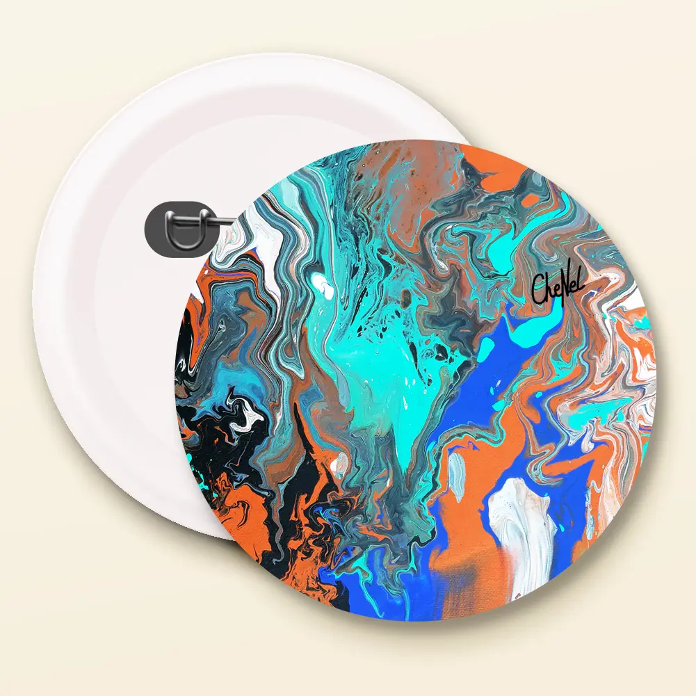 Badge broche 44 mm reproduction du tableau de CheNel représentant un motif moderne psychédélique, vues de face et dos, badges / pins / broches