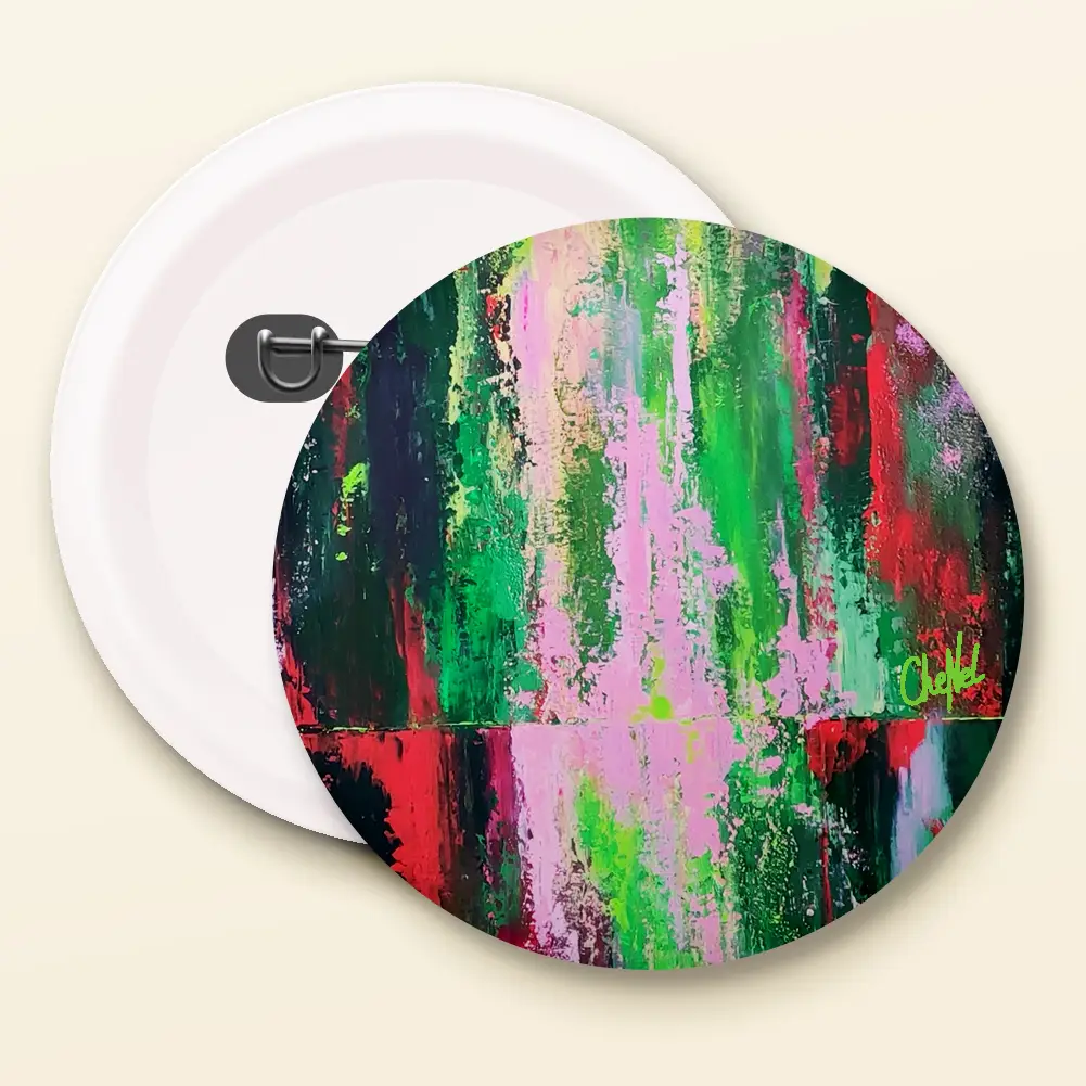 Badge broche 44 mm reproduction du tableau de CheNel représentant un tableau moderne contemporain peint au couteau, vues de face et dos, badges / pins / broches