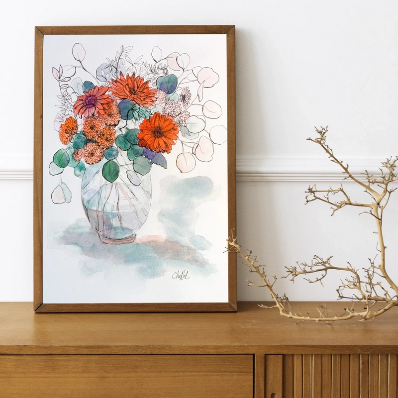 Aquarelle originale de l'artiste peintre française CheNel, l'aquarelle de format 21 x 29.7 représente un bouquet de fleurs rouges et d'eucalyptus