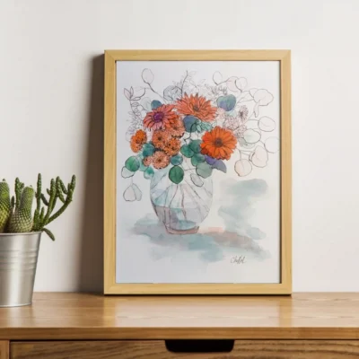 Aquarelle originale de l'artiste peintre française CheNel, l'aquarelle de format 21 x 29.7 représente un bouquet de fleurs rouges et d'eucalyptus