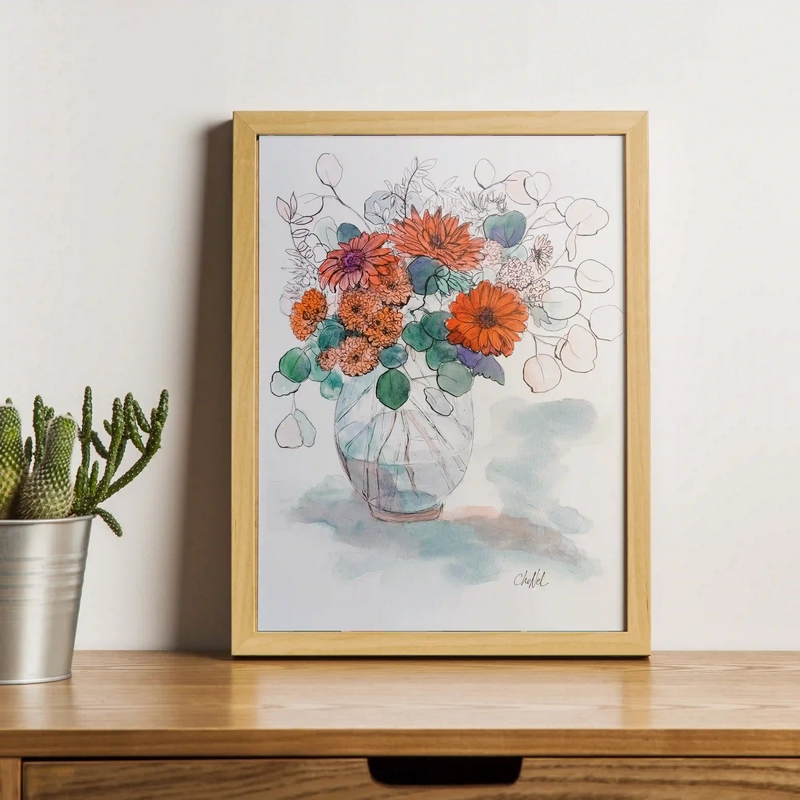 Aquarelle originale de l'artiste peintre française CheNel, l'aquarelle de format 21 x 29.7 représente un bouquet de fleurs rouges et d'eucalyptus
