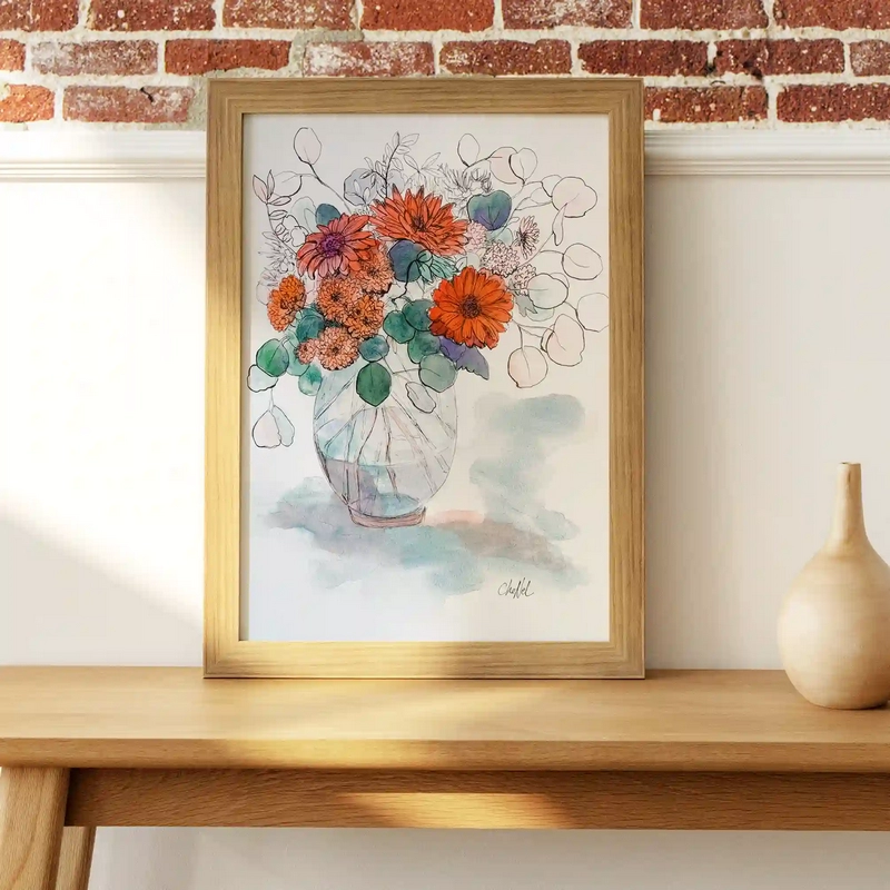 Aquarelle originale de l'artiste peintre française CheNel, l'aquarelle de format 21 x 29.7 représente un bouquet de fleurs rouges et d'eucalyptus