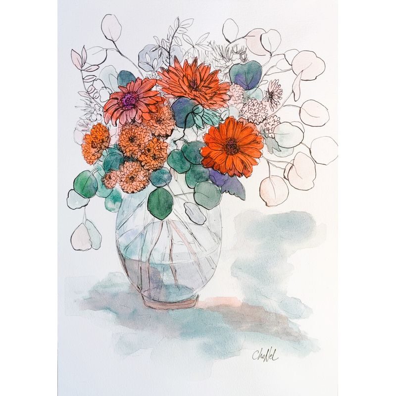 Aquarelle originale de l'artiste peintre française CheNel, l'aquarelle de format 21 x 29.7 représente un bouquet de fleurs rouges et d'eucalyptus