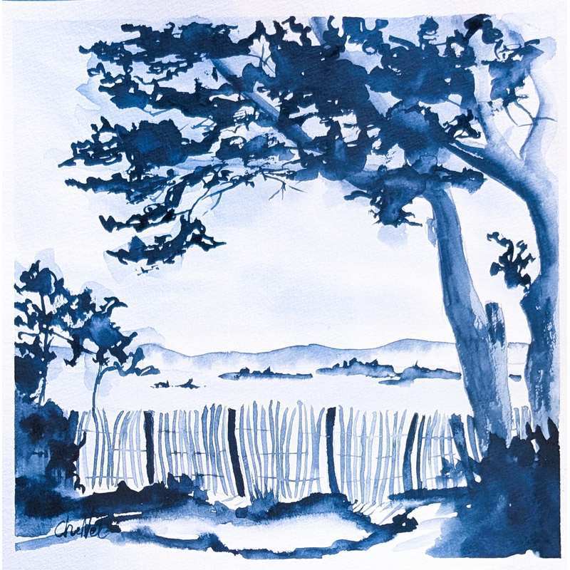 Aquarelle originale de l'artiste peintre Française CheNel, l'aquarelle en monochrome gris de Payne, format 20 x 20, représente l'Ile Calotte dans le Finistère