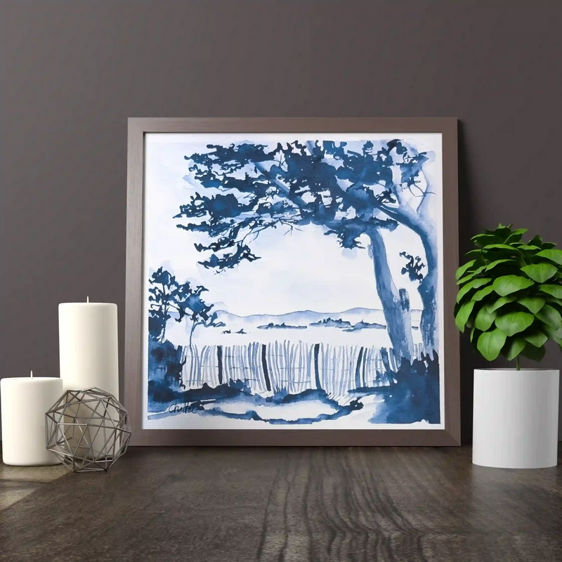 Aquarelle originale de l'artiste peintre Française CheNel, l'aquarelle en monochrome gris de Payne, format 20 x 20, représente l'Ile Calotte dans le Finistère