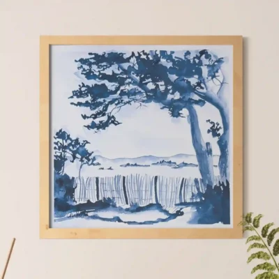 Aquarelle originale de l'artiste peintre Française CheNel, l'aquarelle en monochrome gris de Payne, format 20 x 20, représente l'Ile Calotte dans le Finistère